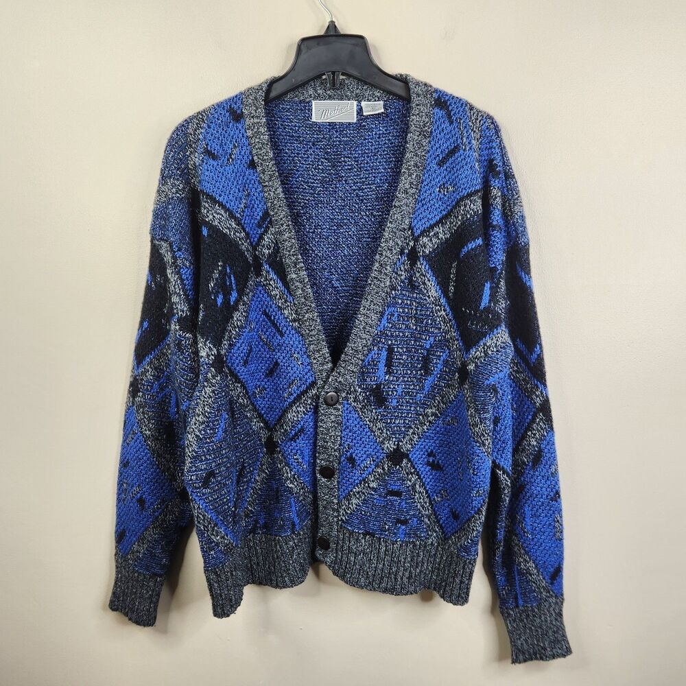 Method Vintage Mens 3 Button V-Cut Wool Acrylic Blend Geometric Sweater Large